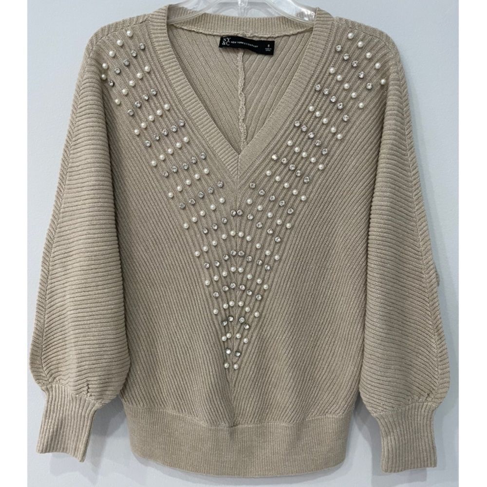 Women's New York And Company Size Small Sweater With Rhinestone V-Neck